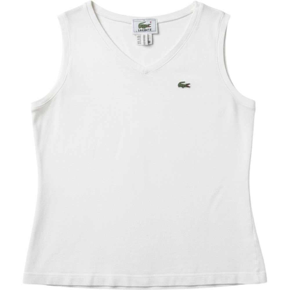 VTG Lacoste V-Neck Sleeveless Polo Top Women 42 White Pique Cotton Made France